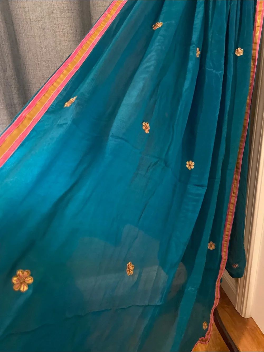 Indian Teal Floral Embellished Women's Scarf Dupatta Shawl Veil Wrap Pink Gold